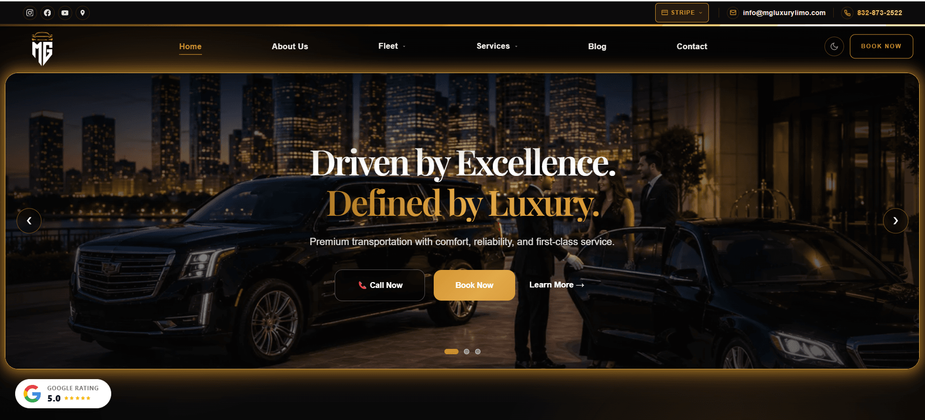 MG Luxury Limo website, dark mode